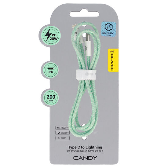 „Blavec Candy“ pintas kabelis – C-Type į „Lightning“ – PD 20W 2.4A (200 cm) „Apple CarPlay“ (CCA-CL24GN20)